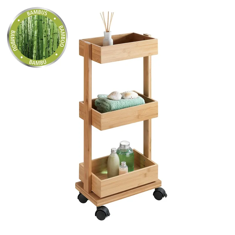 Shop Nu Carrello trasportabile da bagno in bambù con 3 ripiani Tortona Wenko Carrello trasportabile da bagno in bambù con 3 ripiani Tortona Wenko Echome