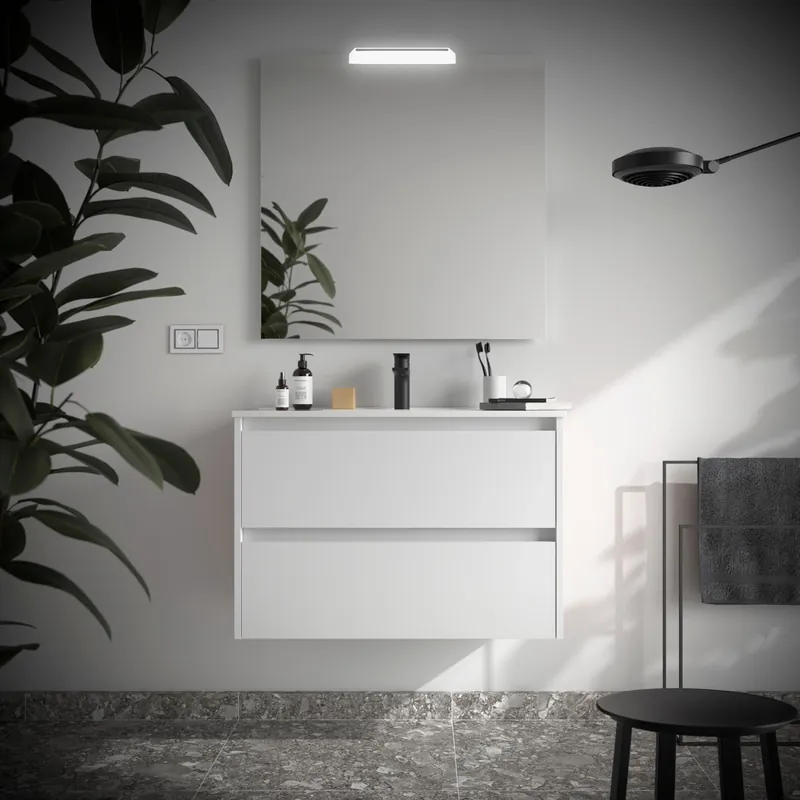 Mobile sospeso da 80 centimetri con lavabo specchio luce 2 cestoni Noja Salgar Mobile sospeso da 80 centimetri con lavabo specchio luce 2 cestoni Noja Salgar Echome Weekendaanbieding