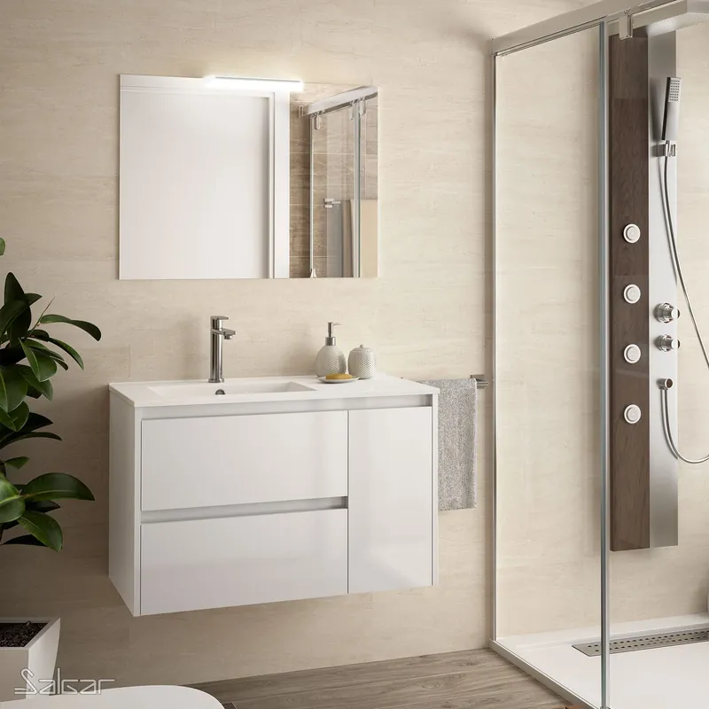 Voordeelprijs Mobile sospeso da 85,5 centimetri con lavabo specchio luce 2 cassetti Noja Salgar Mobile sospeso da 85,5 centimetri con lavabo specchio luce 2 cassetti Noja Salgar Echome