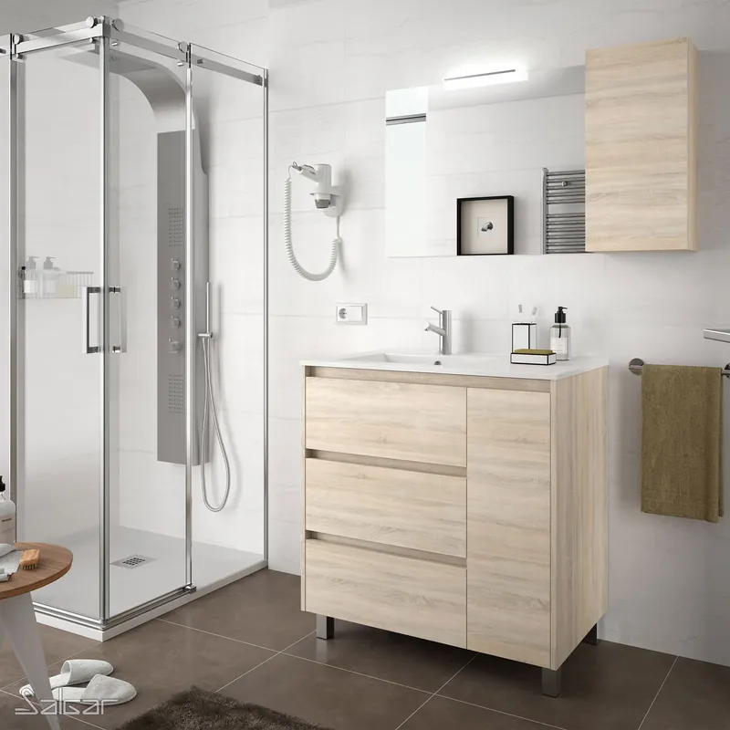 Mobile base terra da 85,5 centimetri con lavabo specchio luce 3 cassetti Arenys Salgar Mobile base terra da 85,5 centimetri con lavabo specchio luce 3 cassetti Arenys Salgar Echome Gereduceerde Prijs