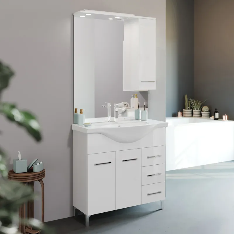 Mobile base terra da 86 centimetri con pensile lavabo specchio luce Tea Savinidue Mobile base terra da 86 centimetri con pensile lavabo specchio luce Tea Savinidue Echome Populair