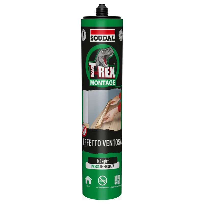 Adesivo universale di montaggio a base acqua T-Rex Montage effetto ventosa Soudal Adesivo universale di montaggio a base acqua T-Rex Montage effetto ventosa Soudal Echome Gecertificeerd