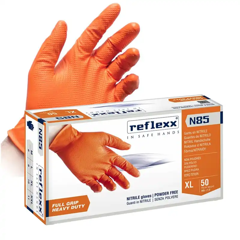 Guanti in nitrile senza polvere full grip arancione ultra resistente Reflexx N85 L/9 Voordeelprijs