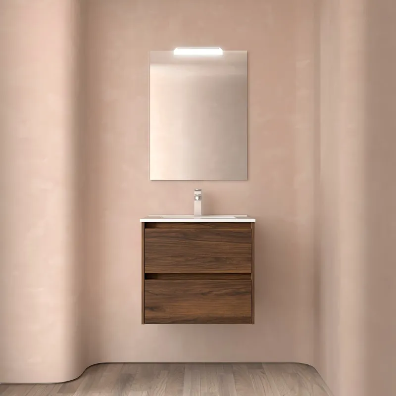 Mobile sospeso da 60 centimetri con lavabo specchio luce 2 cestoni Noja Salgar Mobile sospeso da 60 centimetri con lavabo specchio luce 2 cestoni Noja Salgar Echome Gereduceerde Prijs