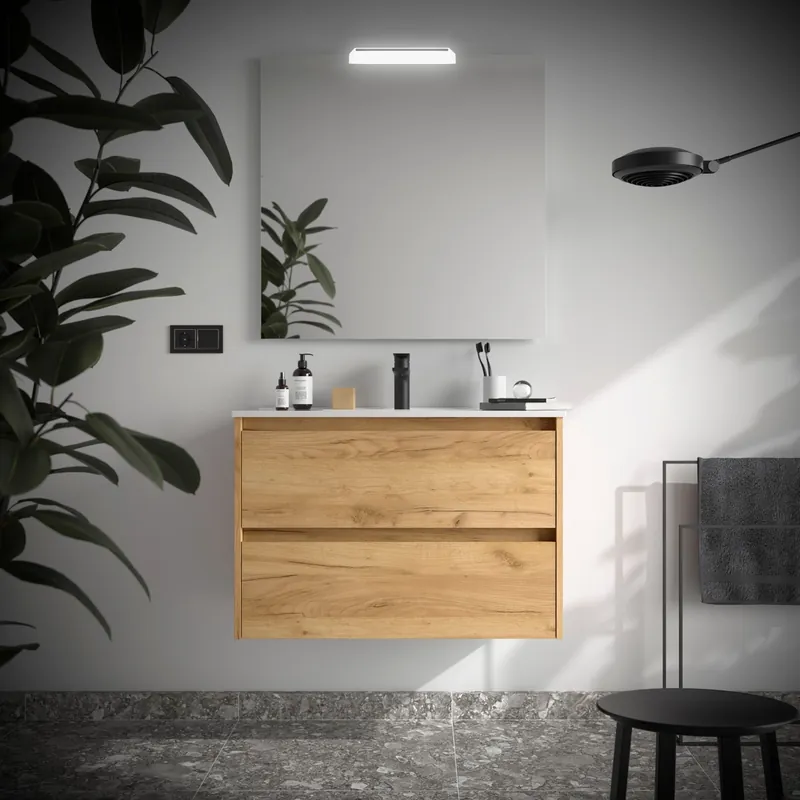 Mobile sospeso da 80 centimetri con lavabo specchio luce 2 cestoni Noja Salgar Mobile sospeso da 80 centimetri con lavabo specchio luce 2 cestoni Noja Salgar Echome Beperkte Voorraad