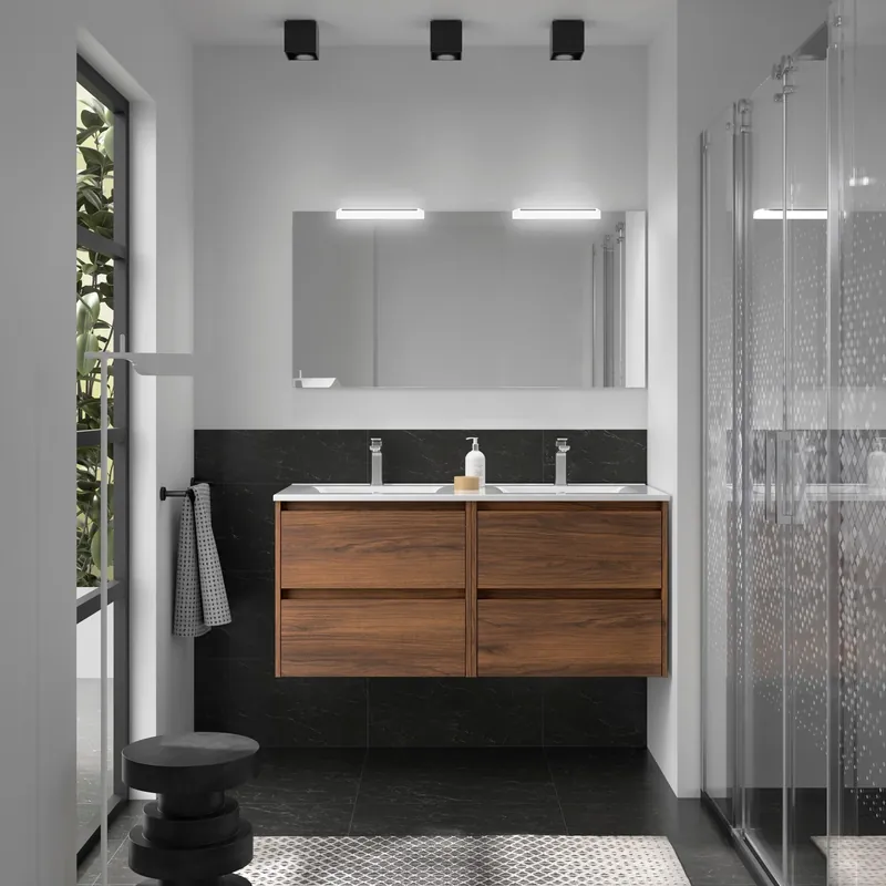 Mobile sospeso da 120 cm con doppio lavabo specchio luce 4 cassetti Noja Salgar Mobile sospeso da 120 cm con doppio lavabo specchio luce 4 cassetti Noja Salgar Echome Goedkoop