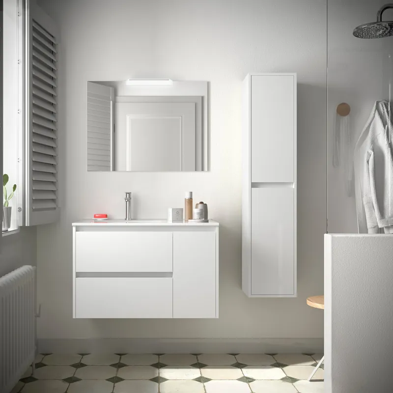 Mobile sospeso con lavabo specchio luce 2 cassetti e anta Noja 850 Salgar Mobile sospeso con lavabo specchio luce 2 cassetti e anta Noja 850 Salgar Echome Betaalbaar