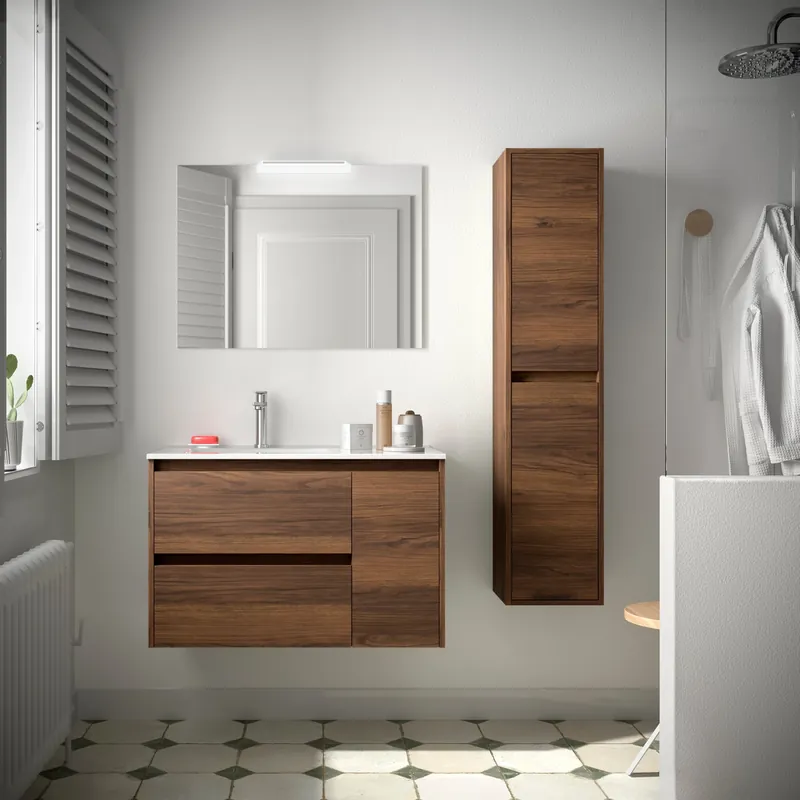 Koop Online Mobile sospeso con lavabo specchio luce 2 cassetti e anta Noja 850 Salgar Mobile sospeso con lavabo specchio luce 2 cassetti e anta Noja 850 Salgar Echome