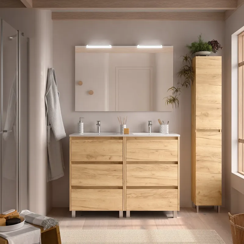 Mobile a terra da 120 cm con doppio lavabo specchio luce 6 cassetti Arenys Salgar Mobile a terra da 120 cm con doppio lavabo specchio luce 6 cassetti Arenys Salgar Echome Nieuw