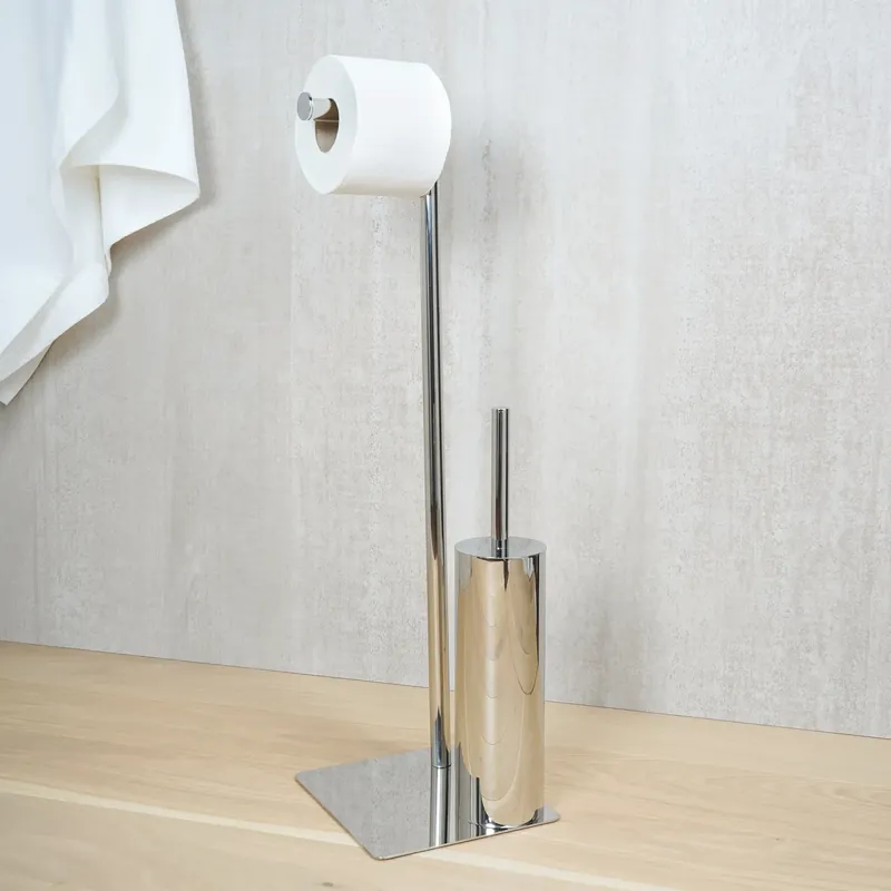 Piantana porta scopino e porta rotolo in acciaio inox cromato lucido Poseidon Metaform Piantana porta scopino e porta rotolo in acciaio inox cromato lucido Poseidon Metaform Echome Snelle Levering