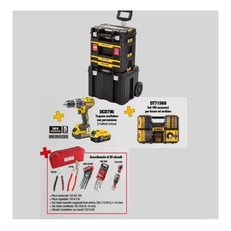 Must-Have Kit trolley per manutenzione in TStak + Trapano avvitatore DCD796 + Utensili assortiti DWUSK027 DeWalt