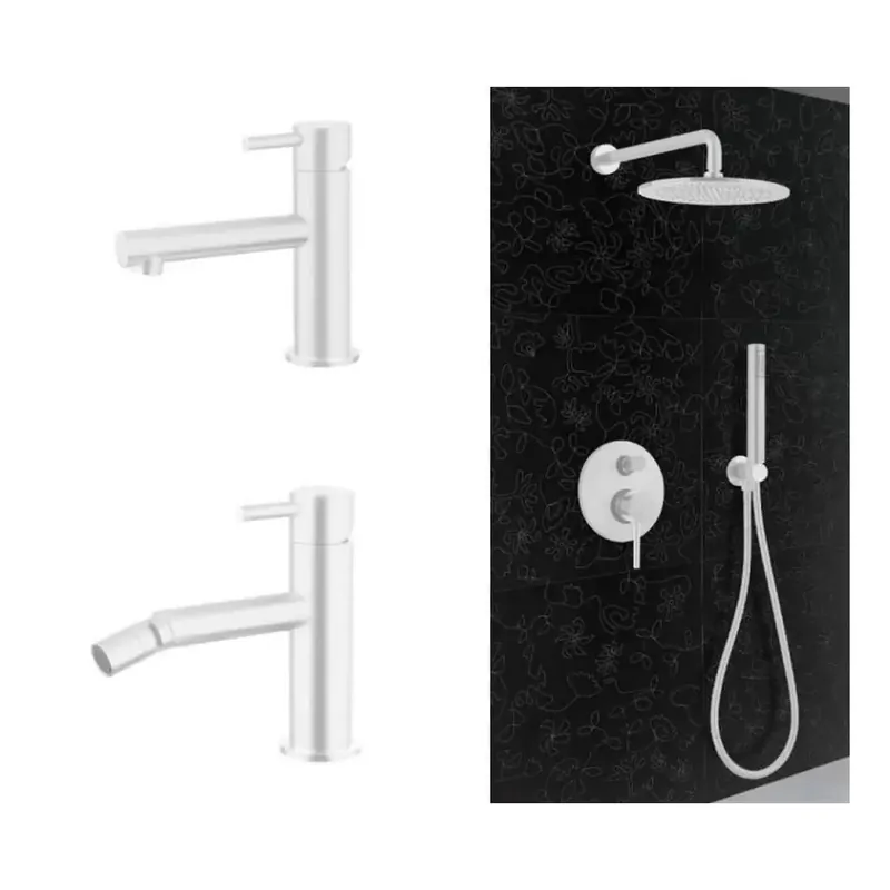 Kit miscelatore lavabo MN20 + miscelatore bidet MN30 + kit doccia MN14009/25 linea Minimal bianco opaco Keller Taps Goedkoop