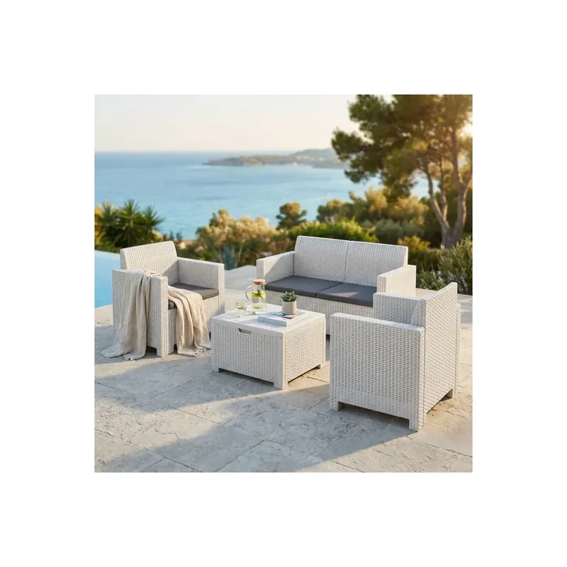 Fabrieksprijs Salotto da esterno in wicker divano, poltrone, tavolino, cuscini - Bianco