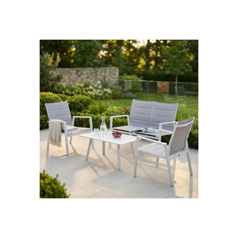 Direct Beschikbaar Salotto da esterno completo di poltrone e tavolino Illinois - Bianco