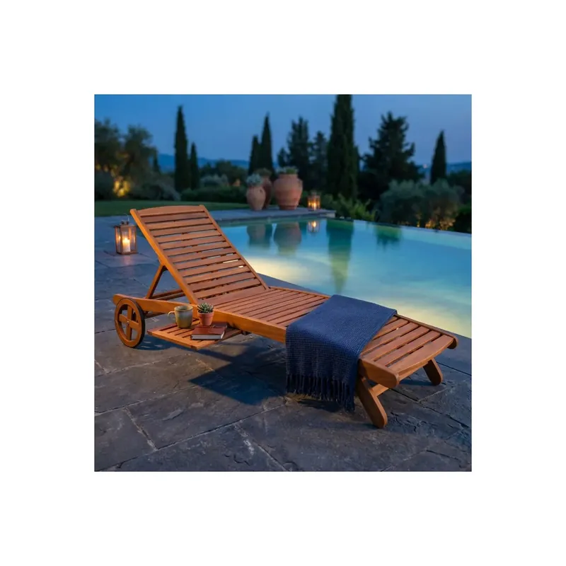 Hete Deal Lettino prendisole con ruote in legno di Acacia regolabile in 9 posizioni