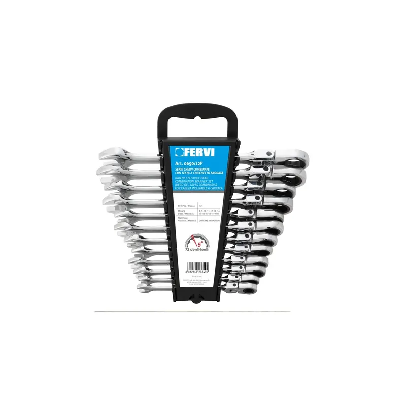 FERVI Serie 12 Chiavi Combinate Cricchetto Snodato 8-19mm - 0690/12P Direct Beschikbaar