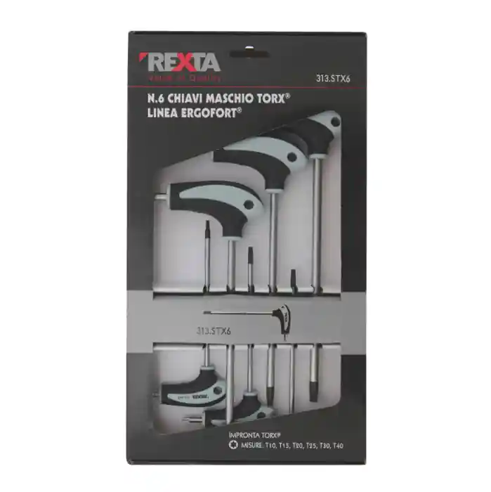 Serie 6 chiavi Torx piegate con impugnatura antiscivolo Rexta 313.STX6 r r r Linea Rexta Ergofort r Assortimento di 6 chiavi maschio torx piegate a 90° da Tx 10 a Tx 40 r Lame in acciaio speciale al silicio molibdeno tipo SVCM resistenti alla torsione r Finitura microsatinata con testa brunite e temperata r Impugnatura di manovra a T ergonomica bimateriale con foro di aggancio r Codici e simboli identificativi di taglio e modello riportati sull‘impugnatura r Composizione 6 chiavi maschio torx TX 10, 15, 20, 25, 30, 40 r In acciaio speciale SVCM (silicio, cromo vanadio, Molibdeno) r Coppia massima torcente incrementata fino a +52% oltre la norma DIN r Norme UNI 10562, ISO 2380, DIN 5264 r Misure contenute TX 10-15-20-25-30-40 r r
", "sku" "09772137", "brand" { "@type" "Thing", "name" "REXTA UTENSILI" }, "offers" { "@type" "Offer", "priceCurrency" "EUR", "price" "44.55", "itemCondition" "http //schema.org/NewCondition", "availability" "http //schema.org/InStock", "url" "https //www.toolshopitalia.it/shop/chiavi-di-manovra/serie-6-chiavi-torx-piegate-con-impugnatura-rexta-313-stx6", "seller" { "@type" "Organization", "name" "ToolShop Italia - Ferramenta Online" } }
} Voordeelprijs