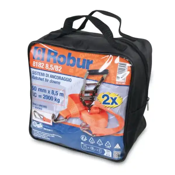 Set borsa 2 fasce di ancoraggio a cricchetto portata 2000Kg ROBUR BETA 8182 B2 (8,5m) Finale Uitverkoop