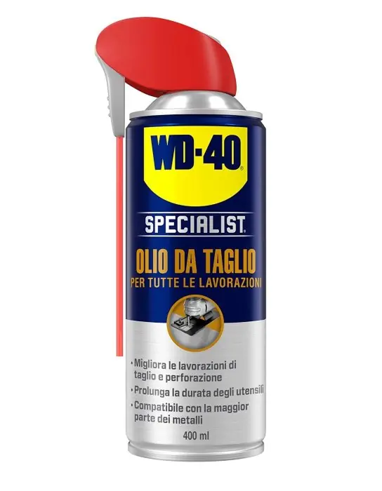Weekendaanbieding Olio da taglio spray WD-40 SPECIALIST 400ml r r r La formula dell’ Olio da taglio WD-40 Specialist è costituita da una miscela di oli minerali, nonché da composti chimici ed additivi che offrono resistenza alle pressioni estreme. r È stata creata per prevenire l’usura, facilitare le operazioni di lavorazione, ridurre il coefficiente di attrito così come l’accumulo di calore su tutti i metalli. r Inoltre l’Olio da Taglio WD-40 Specialist® accresce la longevità degli utensili da taglio e per la perforazione dei metalli. r r r r r
RACCOMANDATO PER r r r Lame di seghe, dischi, punte, maschiature, frese... r r r r r
INFORMAZIONI FISICO-CHIMICHE r r r Colore Liquido marrone r Temperatura di utilizzo - temperatura ambiente r Densità relativa (liquido) 0.94 - 0.97 r Idrosolubilità non miscelabile r r
", "sku" "09662186", "brand" { "@type" "Thing", "name" "WD-40" }, "aggregateRating" { "@type" "AggregateRating", "ratingValue" "5.00", "reviewCount" "1" }, "offers" { "@type" "Offer", "priceCurrency" "EUR", "price" "12.35", "itemCondition" "http //schema.org/NewCondition", "availability" "http //schema.org/InStock", "url" "https //www.toolshopitalia.it/shop/lubrificanti-e-detergenti/wd40-olio-da-taglio-spray-specialist-400ml", "seller" { "@type" "Organization", "name" "ToolShop Italia - Ferramenta Online" } }
}