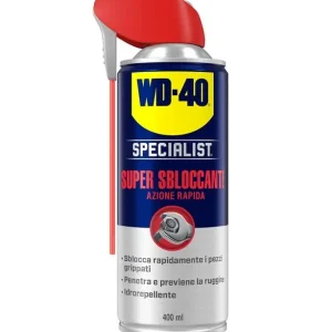 WD-40 Super sbloccante spray Specialist azione rapida ml400 r r r Il Super Sbloccante WD-40 Specialist TM penetra rapidamente e libera i pezzi con notevole e­fficacia. r La sua formula è adatta anche nei casi di­fficili di grippaggio e ossidazione. r E’ resistente all’ acqua e può essere utilizzato su tu‑i i metalli e sulla maggior parte delle vernici di superﬁcie. r E’ effi­cace da -20°C a +90°C e questa formula è certiﬁcata H2 dalla NSF. r r r
RACCOMANDATO PER r r r Dadi – Bulloni – Chiavistelli – Catene – Cuscinetti r Cerniere – Pulegge – Condutture – Nastri trasportatori – Assi – Utensili – Paratoie – Etc. r r r
INFORMAZIONI FISICO-CHIMICHE r r r Colore beige r Odore limone r r
", "sku" "09641969", "brand" { "@type" "Thing", "name" "WD-40" }, "aggregateRating" { "@type" "AggregateRating", "ratingValue" "5.00", "reviewCount" "1" }, "offers" { "@type" "Offer", "priceCurrency" "EUR", "price" "12.35", "itemCondition" "http //schema.org/NewCondition", "availability" "http //schema.org/InStock", "url" "https //www.toolshopitalia.it/shop/lubrificanti-e-detergenti/wd40-specialist-super-sbloccante-spray-azione-rapida-ml400", "seller" { "@type" "Organization", "name" "ToolShop Italia - Ferramenta Online" } }
} Nieuw