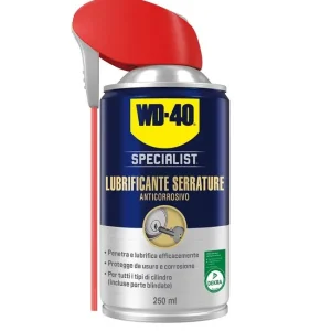 Koopje WD-40 Specialist lubrificante spray per anticorrosivo serrature 250ml r r r Il Lubrificante Serrature WD-40® SPECIALIST® è stato sviluppato appositamente per la manutenzione di tutti i tipi di cilindro. r Grazie alla sua formula senza grasso né silicone, penetra per capillarità dentro tutti i micro-meccanismi delle serrature senza sporcarle. r Oltre al suo potere sbloccante istantaneo, assicura una manutenzione preventiva delle parti mobili e protegge durevolmente dalla ruggine, anche all’esterno. r r r
RACCOMANDATO PER r r r Serrature di abitazioni, mobili, veicoli, macchine agricole, lucchetti, chiavistelli, casseforti, bagagliai ecc. r Meccanismi delle porte cilindro, pistoncini, cerniere, maniglie, scrocco, mandelli, perni dei deviatori ecc. r r r r
", "sku" "09713352", "brand" { "@type" "Thing", "name" "WD-40" }, "offers" { "@type" "Offer", "priceCurrency" "EUR", "price" "9.65", "itemCondition" "http //schema.org/NewCondition", "availability" "http //schema.org/InStock", "url" "https //www.toolshopitalia.it/shop/lubrificanti-e-detergenti/wd40-specialist-lubrificante-spray-serrature-anticorrosivo-ml250", "seller" { "@type" "Organization", "name" "ToolShop Italia - Ferramenta Online" } }
}