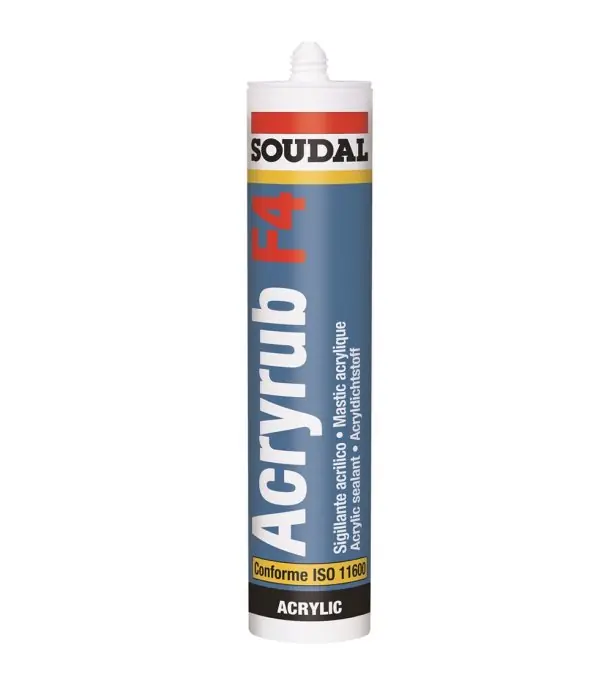 Sigillante acrilico monocomponente Soudal Acryrub F4 bianco verniciabile 310ml r r r Sigillante plasto-elastico monocomponente in dispersione acrilica di elevata qualità. r Certificato ISO 11600 F12,5P SNJF 1ª CATEGORIA r Colore bianco verniciabile r r r
CARATTERISTICHE r r r Certificazioni per facciate SNJF r Verniciabile r Eccellente adesione su supporti porosi, per applicazioni interne ed esterne r Buona adesione su alluminio r r r
APPLICAZIONI r r r Giunti soggetti a movimenti (massimo 12,5%) r Riempimento di fessure su cemento, intonaco r Giunti di raccordo r r r
MODALITÀ DI UTILIZZO r
Dimensioni del giunto r r r Larghezza minima 5mm r Larghezza massima 20mm r Rapporto ideale larghezza = 2x profondità del giunto r Modalità di applicazione pistola manuale o pneumatica r Temperatura di applicazione +5°C a +30°C. r r r
NOTE r r r Proteggere i giunti dalla pioggia prima della polimerizzazione. r Non usare in applicazione a contatto prolungato con l’acqua. r In caso di verniciatura, è necessario un test di compatibilità tra vernice e sigillante. r r
", "sku" "09732315", "brand" { "@type" "Thing", "name" "SOUDAL" }, "aggregateRating" { "@type" "AggregateRating", "ratingValue" "5.00", "reviewCount" "1" }, "offers" { "@type" "Offer", "priceCurrency" "EUR", "price" "2.65", "itemCondition" "http //schema.org/NewCondition", "availability" "http //schema.org/InStock", "url" "https //www.toolshopitalia.it/shop/siliconi-sigillanti-e-isolanti/soudal-acryrub-f4-sigillante-acrilico-bianco-verniciabile-310ml", "seller" { "@type" "Organization", "name" "ToolShop Italia - Ferramenta Online" } }
} Snelle Levering