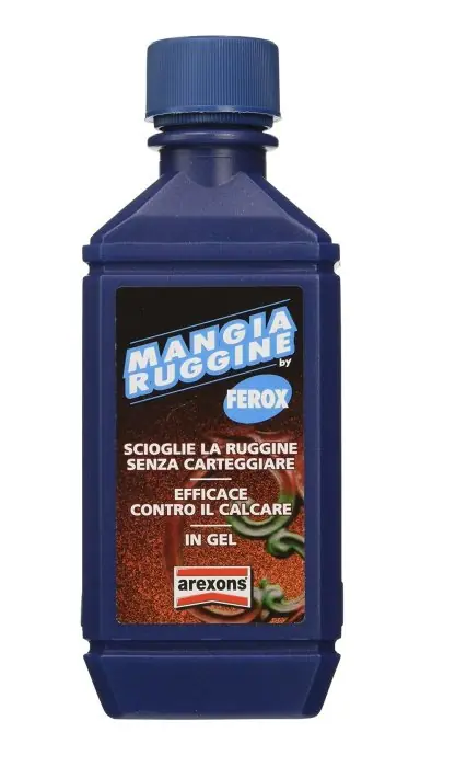 Ferox Mangia Ruggine in gel Arexons ST4140 ml150 r r r Ferox Mangiaruggine dissolve chimicamente la ruggine da metalli ferrosi e superfici cromate o zincate. r A base di acidi inorganici e liquidi detergenti. Ottimo trattamento preparatorio prima dell‘applicazione della vernice di finitura o, meglio, di un fondo antiruggine. r Altissima resa. In gel, non cola. Di facile applicazione anche su superfici cromate o zincate aggredite dalla ruggine in modo da eliminare sia la ruggine che i residui di zincatura e cromatura. r Non evapora, non teme il gelo. r r r
CAMPI DI IMPIEGO r r r Ottimo trattamento preparatorio prima della applicazione del fondo antiruggine e della vernice di finitura. r Ideale per il trattamento delle superfici ferrose arrugginite, porta a “nuovo” metalli ferrosi, alluminio, superfici cromate e zincate, ecc r r r
MODALITÀ D’USO r r r Applicare il prodotto con pennello o spatola, lasciare agire per alcuni minuti, asportare con acqua o panno inumidito. r Le superfici così trattate dovranno essere protette con opportuni antiruggine. r r r
CARATTERISTICHE TECNICHE r r r Aspetto gel r Colore rosa r Odore tipico r Densità 1,21 g /ml r pH r r
", "sku" "09682429", "brand" { "@type" "Thing", "name" "AREXONS" }, "offers" { "@type" "Offer", "priceCurrency" "EUR", "price" "10.15", "itemCondition" "http //schema.org/NewCondition", "availability" "http //schema.org/InStock", "url" "https //www.toolshopitalia.it/shop/vernici-pennarelli-e-accessori/ferox-mangia-ruggine-in-gel-arexons-150-ml", "seller" { "@type" "Organization", "name" "ToolShop Italia - Ferramenta Online" } }
} Express Levering