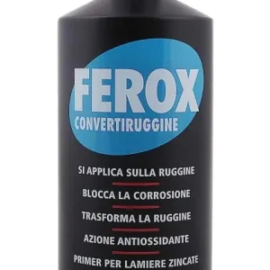 Premium Ferox trattamento antiruggine 375 ml r r r Prodotto per il trattamento della ruggine e per la protezione di tutte le superfici ferrose arrugginite, nuove, verniciate e non. r Pratico beccuccio dosatore. Pronto all‘uso, facile e rapido da usare, resa elevata. r Bassissima tossicità, Ferox è a base di resine sintetiche disperse in acqua e non contiene solventi applicabile anche in ambienti chiusi o poco ventilati. r Reagisce chimicamente con la ruggine, trasformandola in un complesso stabile, di colore nero, che una volta sovraverniciato resiste all‘attacco degli agenti atmosferici ed è impermeabile all‘umidità. r Efficace anche su zone verniciate o su manufatti non arrugginiti, dove forma uno strato trasparente. r Sovraverniciabile con qualsiasi tipo di vernice, all‘acqua o al solvente. r r r
MODALITA‘ D‘USO r r r Eliminare eventuale ruggine a scaglie. r Non applicare il prodotto a temperature inferiori a 5°C, o in eccessiva umidità. r Versare la quantità necessaria di prodotto in un recipiente di plastica. r Non riversare l‘eventuale prodotto non utilizzato nel contenitore originale. r Sovraverniciare le superfici trattate entro 24 /36 ore dall‘applicazione. r r r
SPECIFICHE DI UTILIZZO r r r Resa teorica a pennello 15-20 mq. Essiccazione a 20°C. r Asciutto al tatto in 15‘ /30‘. r Intervallo di tempo fra le 2 mani 15‘ /30‘. r Sovraverniciabile con lo smalto di finitura dopo 12 ore ed entro 24 /26 ore dall‘applicazione. r r
", "sku" "09623620", "brand" { "@type" "Thing", "name" "AREXONS" }, "offers" { "@type" "Offer", "priceCurrency" "EUR", "price" "16.10", "itemCondition" "http //schema.org/NewCondition", "availability" "http //schema.org/InStock", "url" "https //www.toolshopitalia.it/shop/vernici-e-accessori/ferox-trattamento-convertitore-antiruggine-barattolo-375-ml", "seller" { "@type" "Organization", "name" "ToolShop Italia - Ferramenta Online" } }
}