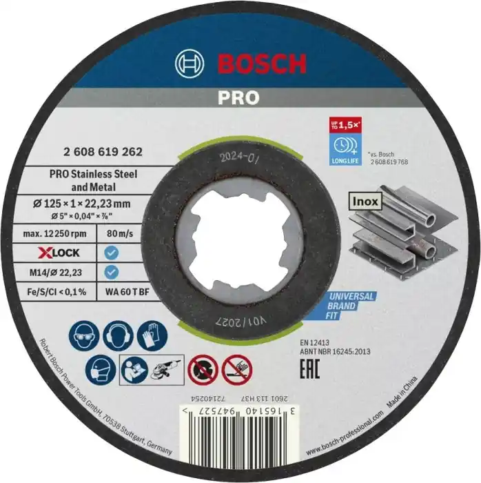 Tijdelijk Beschikbaar Dischi da taglio Bosch Professional X-LOCK PRO INOX (10 pezzi) r r r Lunga durata nel taglio dell‘acciaio inossidabile e del metallo r Grana in ossido di alluminio resistente per prestazioni di lunga durata r Fissalo con X-LOCK o usalo con smerigliatrici angolari con dado e filettatura r La mola da taglio X-LOCK Standard for Inox è la soluzione ideale per ottenere prestazioni affidabili nel taglio dell‘acciaio inox. r Taglio Morbido e Semplice Il bordo sottile del disco favorisce un taglio fluido e senza sforzo, rendendo il lavoro più rapido e preciso. r Materiali di Qualità Il disco è privo di riempitivi ferrosi, solforosi e clorinati, garantendo un‘ottima resistenza e sicurezza durante l‘uso. r Compatibilità Universale Adatti sia per smerigliatrici X-LOCK che per smerigliatrici standard da 22,23 mm, offrendo una grande versatilità. r r r
SPECIFICHE r r r Specifiche WA 60 T BF r Diametro disponibile mm 115 /125 r Diametro foro mm 22,23 r Spessore mm 1.0 r Attacco X-LOCK + r Forma Piatto r Box 10 pezzi r r
", "sku" "09738287", "brand" { "@type" "Thing", "name" "BOSCH PROFESSIONAL" }, "offers" { "@type" "Offer", "priceCurrency" "EUR", "price" "11.35", "itemCondition" "http //schema.org/NewCondition", "availability" "http //schema.org/OutOfStock", "url" "https //www.toolshopitalia.it/shop/dischi-taglio-e-supporti-abrasivi/dischi-da-taglio-bosch-professional-x-lock-pro-inox-10-pezzi-o-mm-125x1", "seller" { "@type" "Organization", "name" "ToolShop Italia - Ferramenta Online" } }
}