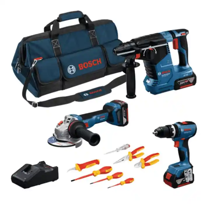 Set 3 utensili Bosch GSB 18V-65 + GWS 18V-11 + GBH 18V-24 C + cacciaviti e pinze VDE + 3x GBA 5.0Ah + GAL Flitsaanbieding