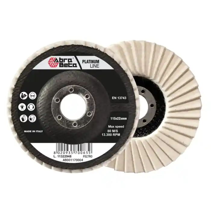 Disco lamellare feltro per lucidatura metalli Abra Beta Platinum ø 115x22 r r r SUPPORTO IN FIBRA DI VETRO - PROFILO PIANO r r r r r
APPLICAZIONI r r r Utilizzabili per operazioni di lucidatura su tutti i tipi di acciaio, abbinati alle paste abrasive per lucidatura. r Particolarmente indicati per le lavorazioni su carrozzeria automotive. r r r
CARATTERISTICHE r r r Tipologia mono lamella r Diametro disco 115 mm r Diametro foro 22,23 mm r Max RPM 13300 /min r r r
UTILIZZO CONSIGLIATO r r r Smerigliatrice angolare r r
", "sku" "09793163", "brand" { "@type" "Thing", "name" "ABRA BETA" }, "offers" { "@type" "Offer", "priceCurrency" "EUR", "price" "5.98", "itemCondition" "http //schema.org/NewCondition", "availability" "http //schema.org/OutOfStock", "url" "https //www.toolshopitalia.it/shop/dischi-taglio-e-supporti-abrasivi/disco-lamellare-feltro-per-lucidatura-metalli-abra-beta-platinum-o-115x22", "seller" { "@type" "Organization", "name" "ToolShop Italia - Ferramenta Online" } }
} Must-Have