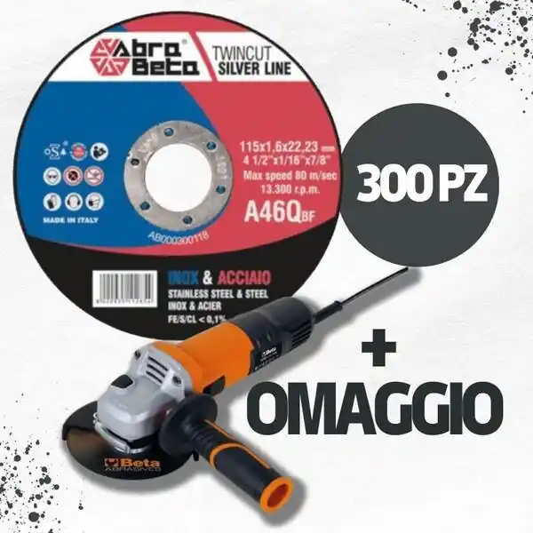 Abra Beta 300 dischi da taglio A46Q Twincut Silver + smerigliatrice 750W in omaggio r r r Dischi da taglio Twincut Plus /Silver Line Abra Beta sono ideali per la lavorazione di taglio Inox e Acciaio. r Alta durata ed ottima capacità di asportazione, con un basso consumo del disco. r r r
Dettaglio promozionale r r r In omaggio la smerigliatrice da 750W da 115 mm Beta 019560011 r r r
DATI TECNICI r r r potente ma versatile, ideale per eseguire lavori di taglio, rettifica e sgrossatura. r Dotata di un motore da 750 W questa smerigliatrice riesce ad erogare una velocità a vuoto pari ad 11000 giri al minuto che permettono di eseguire lavorazioni precise e veloci, anche grazie al peso estremamente ridotto di soli 1,8 kg. r Il corpo della macchina presenta feritoie di ventilazione per favorire un miglior raffreddamento delle parti interne, protette comunque dalle infiltrazioni di polvere o residui. r Utensile professionale è realizzato con testa ribassata per favorire lavorazioni anche in spazi ristretti o scomodi e grazie all‘impugnatura supplementare posizionabile sia sul lato destro che sinistro sarà possibile adeguare lo strumento a qualsiasi situazione, per garantire il massimo comfort e la massima mobilità possibile. r Dispositivo integrato di blocco dell‘albero per facilitare le operazioni di sostituzione del disco, interruttore a slitta con blocco, sistema integrato antiriavvio e copri disco con sistema a sgancio rapido Tool-Less. r r
", "sku" "09789470_", "brand" { "@type" "Thing", "name" "ABRA BETA" }, "offers" { "@type" "Offer", "priceCurrency" "EUR", "price" "247.50", "itemCondition" "http //schema.org/NewCondition", "availability" "http //schema.org/InStock", "url" "https //www.toolshopitalia.it/shop/abra-beta-dischi-da-taglio-a46q-twincut-silver-300pz-smerigliatrice-750w-omaggio-o-mm-115x1-6", "seller" { "@type" "Organization", "name" "ToolShop Italia - Ferramenta Online" } }
} Laatste Kans