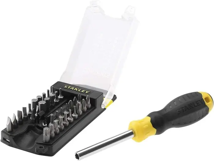 Op = Op Stanley STHT0-70885 cacciavite portainserti bit con inserti (33 pezzi) r r r Inserti in acciaio al CromoVanadio r Impugnatura ergonomica in bi-componente r Portainserti con punta magnetica r Contenuto 1 Portainserti Multi bit - 33 inserti (25 mm) r r r
Dettaglio inserti r r r Taglio Flat 1pz. x3 mm - 3,5 mm - 4,5 mm -5 mm - 5,5 mm - 6 mm - 7 mm r Croce Phillips 1pz. x PH0 - 2pz x PH1 - 2pz. x PH2 - 1pz. x PH3 r Esagonale Maschio (Brugola) 1pz. x 1,5 mm - 1pz. x 2 mm - 1pz. x 2,5 mm - 1pz. x 3 mm - 1pz. x 4 mm - 1pz. x 5 mm - 2pz. x 6 mm - 1pz. x 7 mm - 1pz. x 8 mm r Torx 1pz. x T5 - T6 - T7 - T8 - T10 - T15 - T20 - T30 - T40 r r
", "sku" "09758193", "brand" { "@type" "Thing", "name" "STANLEY" }, "offers" { "@type" "Offer", "priceCurrency" "EUR", "price" "8.70", "itemCondition" "http //schema.org/NewCondition", "availability" "http //schema.org/InStock", "url" "https //www.toolshopitalia.it/shop/inserti-per-avvitare/stanley-cacciavite-portainserti-34-pezzi-stht0-70885", "seller" { "@type" "Organization", "name" "ToolShop Italia - Ferramenta Online" } }
}