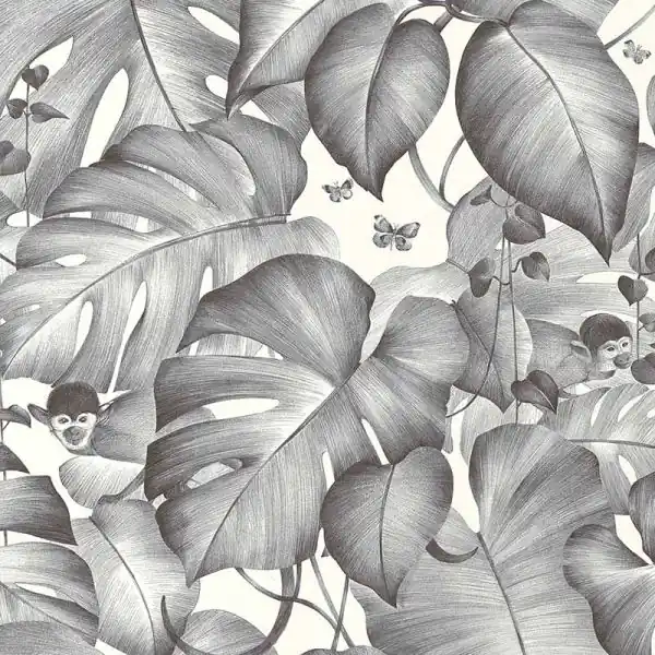 Carta da parati 384831 Sale Carta da parati giungla scimmia monstera foglie viticci grigio bianco Koopje