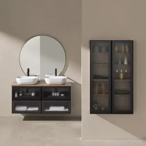 Mobile Koba 2 cassetti con lavabo da appoggio in ceramica Frontale Noce/Vetro Rigato Sanchis Gratis Retour