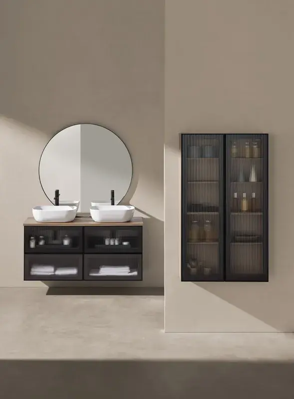 Mobile Koba 2 cassetti con lavabo da appoggio in ceramica Frontale Noce/Vetro Rigato Sanchis Gratis Retour