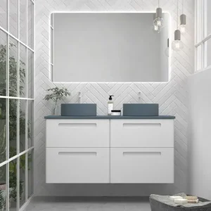 Set Paris bianco opaco con piano K nero e lavabo tondo nero da appoggio Avila two Finale Uitverkoop