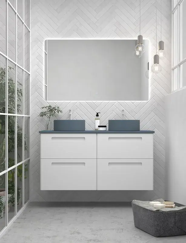 Set Paris bianco opaco con piano K nero e lavabo tondo nero da appoggio Avila two Finale Uitverkoop