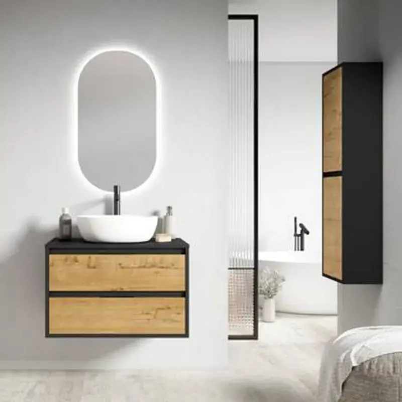 Mobile Domic 2 cassetti con coperchio e lavabo in ceramica rovere ostipo/nero opaco Eduardo Paredes Nu Kopen