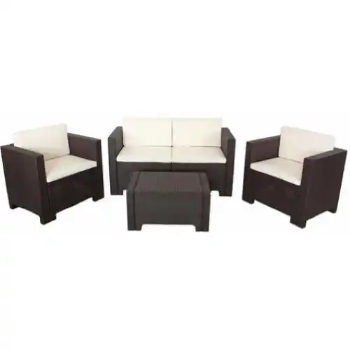 4 pz salotto mod Colorado in resina marrone cuscini ecrù arredo giardino piscina Koopje