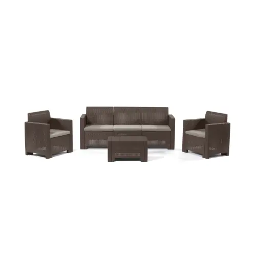 Bica set salotto Nebraska 3 da giardino in resina marrone effetto polirattan composto da divano due poltrone con cuscini e un tavolino da esterno e interno Actieprijs