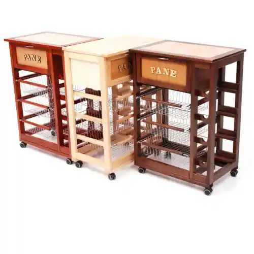 Premium carrello porta pane portabottiglie da cucina in legno con cesti acciaio