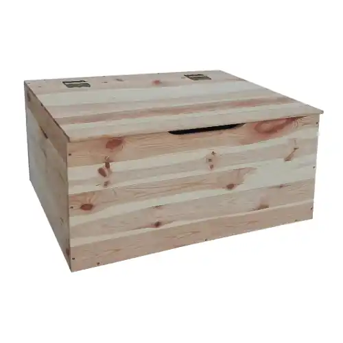 Cassapanca in legno di pino essiccato grezzo a listoni in legno chiaro 100x40x40 cm con fessure laterali per trasporto Uitverkoop