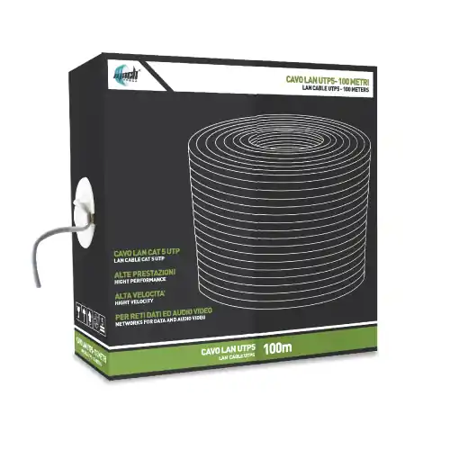 Merkproduct Cavo LAN UTP cat 5 grigio chiaro connettore RJ45 Ø 5 mm rotolo da 100 mt rete internet