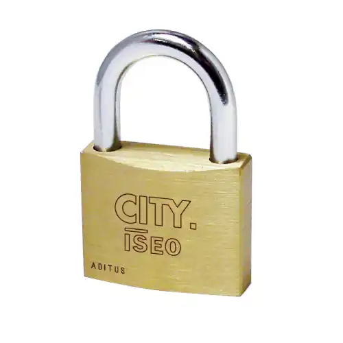 Gecertificeerd City by Iseo lucchetto rettangolare 50 mm KA corpo in ottone e arco in acciaio temperato e cromato 3 chiavi cifratura unica